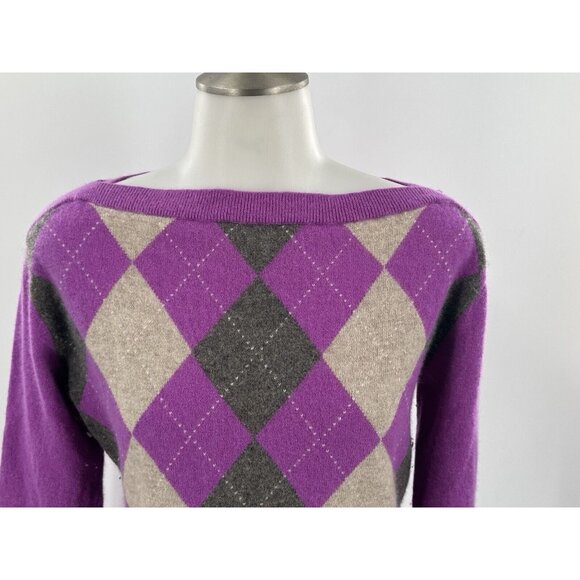 Banana Republic Cashmere Sweater Purple Gray Argyle Boat Neck Medium - Picture 2 of 9